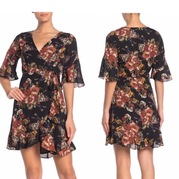 June & Hudson Wrap Mini Dress Floral Print Black Orange Brown Size L NEW wTag - Picture 8 of 10